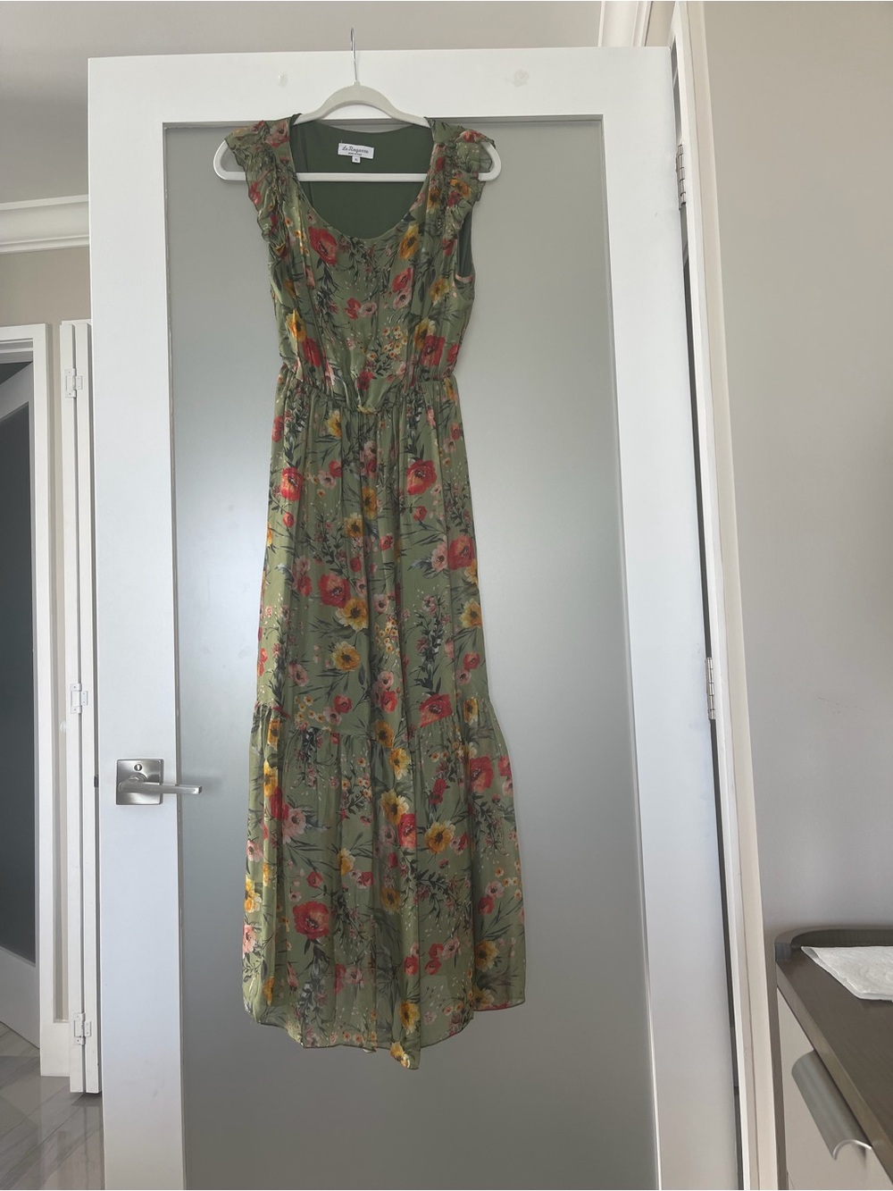 Floral Olive Green Maxi Dress with Ruffle Shoulders